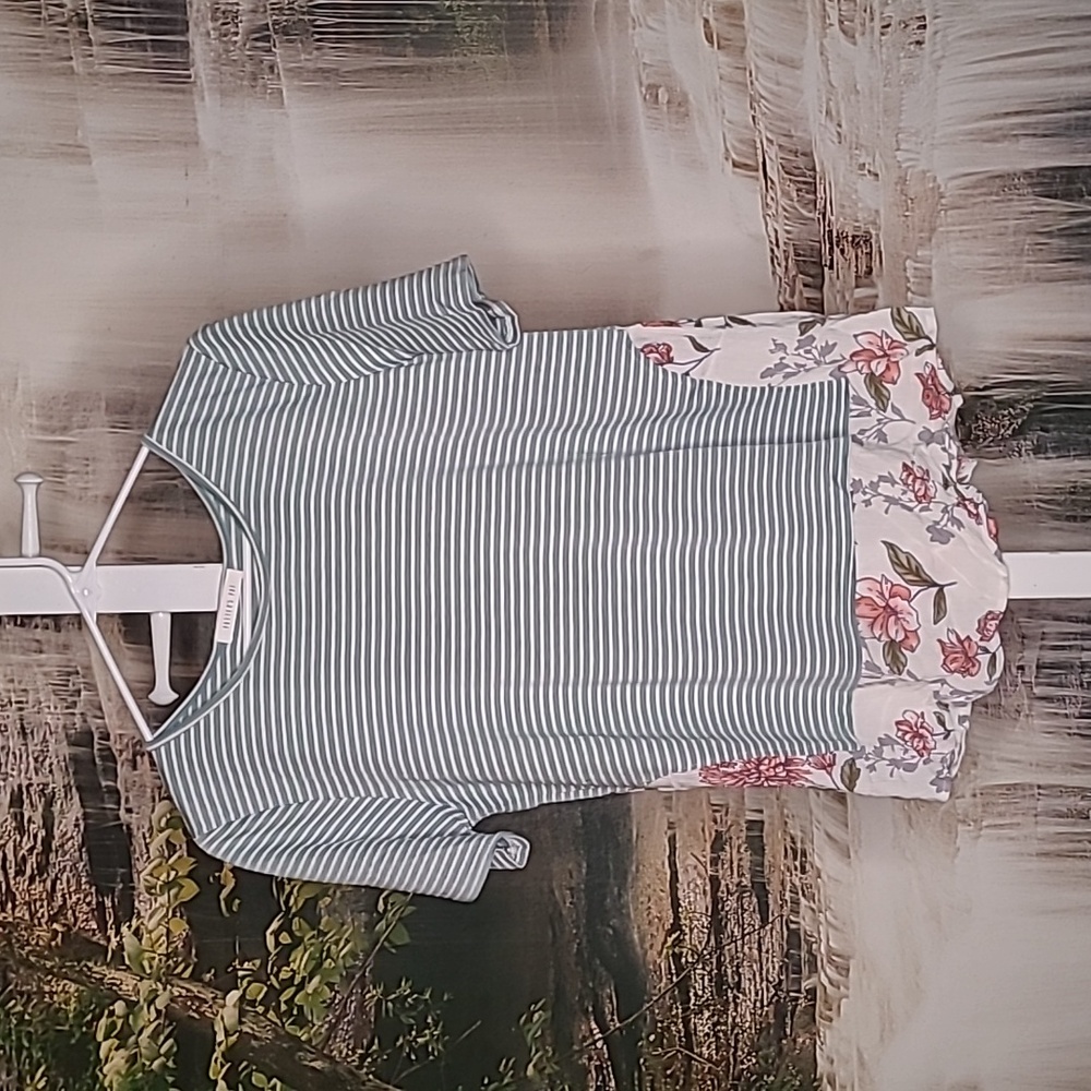 Potters Pot Womens Large floral striped dressy short sleeve blouse